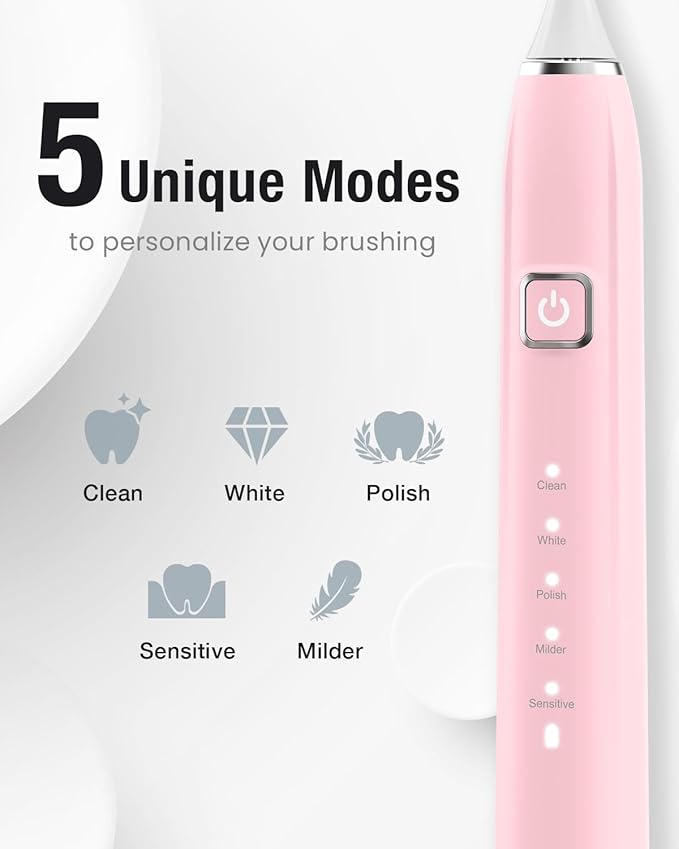 7AM2M Ultrasonic Pink Electric Toothbrush with 6 Brush Heads for Adults&Kids, Type C Rechargeable, One Charge for 120 Days, 5 Modes&40000VPM Powered Toothbrush, 2 Minutes Built in Smart Timer (Pink)