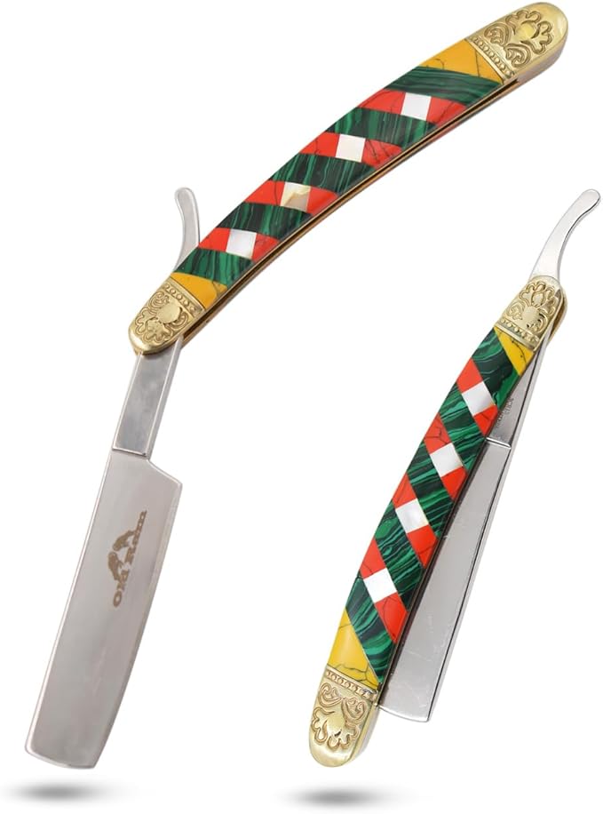 6.75" Straight Edge Razor – 3CR13 Stainless Steel Manual Folding Blade with Multi-Color Mosaic Handle and Engraved Brass Bolsters