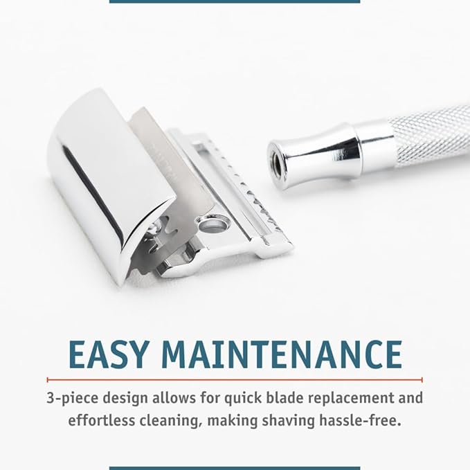 MERKUR 23C Double Edge Safety Razor - Polished Chrome, Long Knurled Brass Handle, Made in Germany, Plastic-Free, Three Piece Design, Closed Comb, Straight Bar