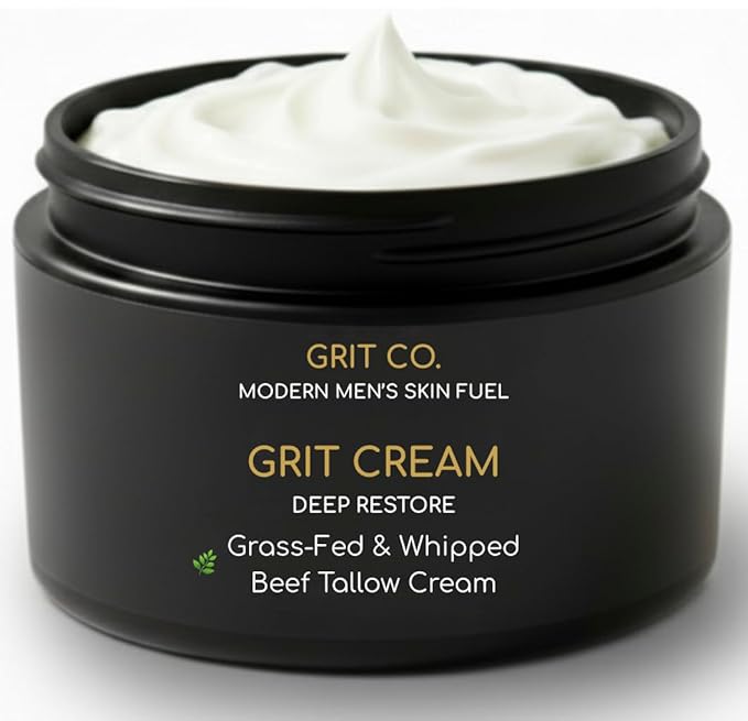GRIT CREAM Beef Tallow for Men's Face & Skin, Anti Aging Wrinkle Repair Moisturizer, Unscented Whipped Balm, Grass-Fed | 3.4oz