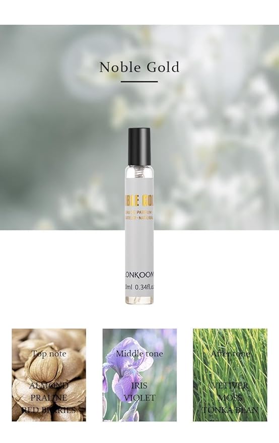 Lonkoom Christmas Perfume Samples Gift Set for Women Men, Unisex Eau de Parfum Spray Long Lasting Fragrance, 5x0.3 Fl Oz Floral Fruity Woody Notes of 24K Pure Gold, Red Wish, Black Oud, Girls, Noble