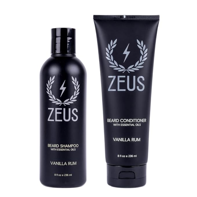 ZEUS Beard Wash Set for Men, Shampoo & Conditioner Duo with Green Tea & Essential Oils, Hydrates, Softens & Strengthens Beard Hair (Made in USA) Vanilla Rum