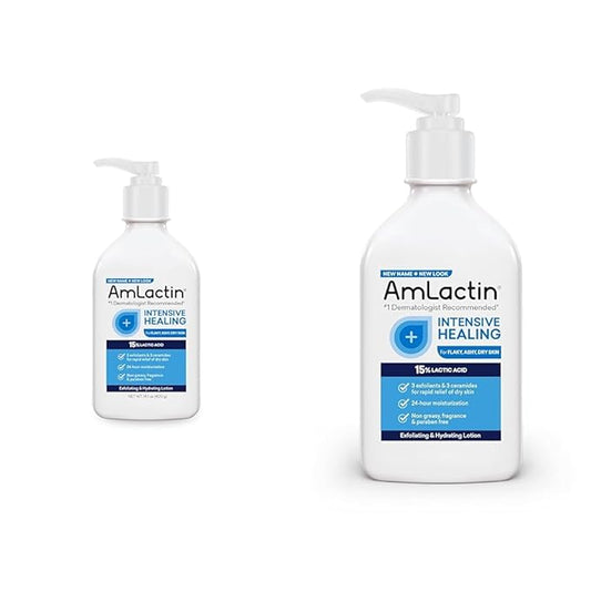 AmLactin Intensive Healing Body Lotion for Dry Skin - 14.1 oz and 7.9 oz Pump Bottles - 2-in-1 Exfoliator & Moisturizer with Ceramides & 15% Lactic Acid