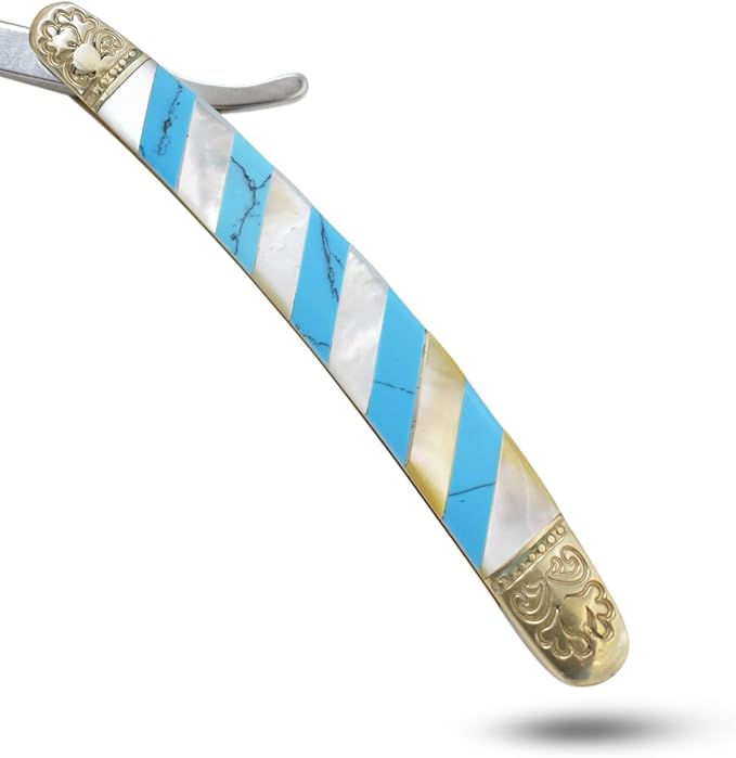 6.75" Straight Edge Razor – Stainless Steel Manual Folding Blade with Mother of Pearl Style Mosaic Handle and Engraved Brass Bolsters
