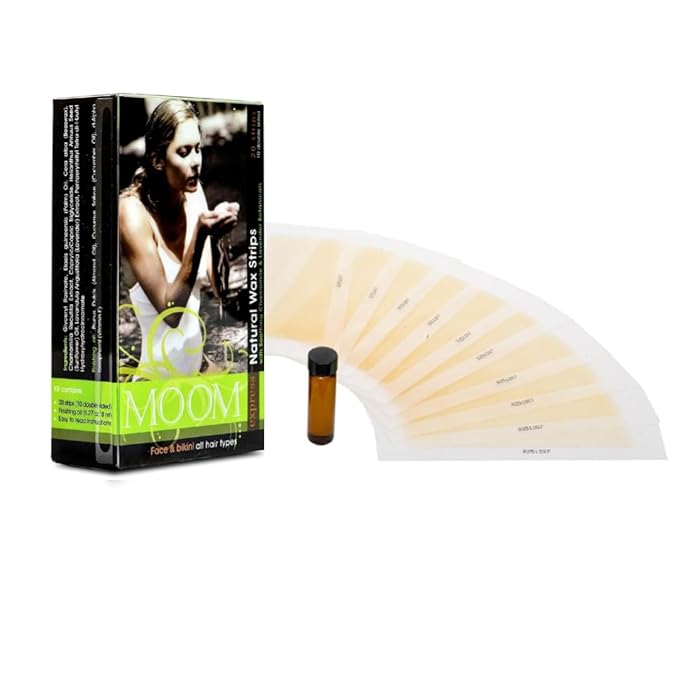 MOOM Express Wax Strips with Chamomile & Lavender, Hair Removal Kit with Finishing Oil – Face, Bikini Area & Brazilian, 10 Double-Sided Strips (1 Pack), 20 Count