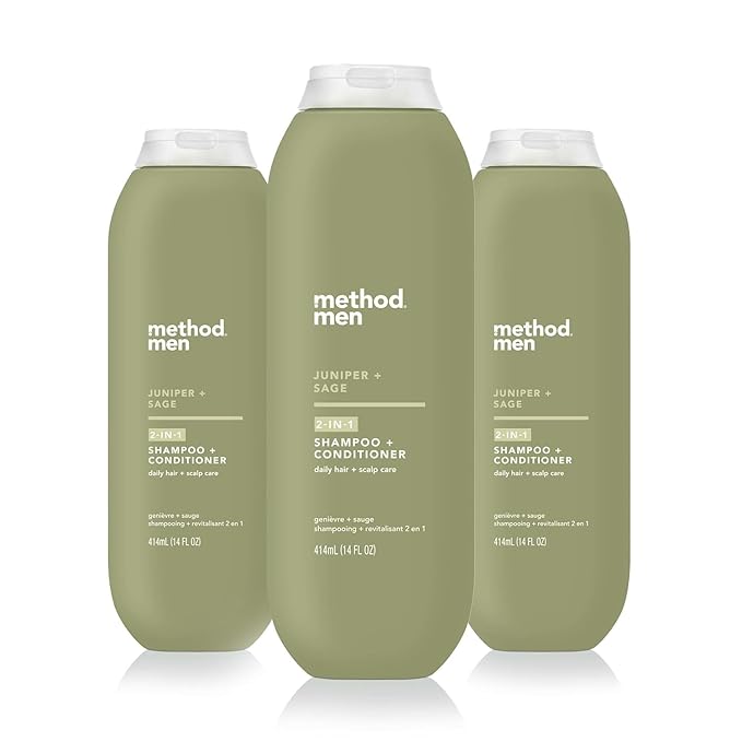 Method Men 2-in-1 Shampoo and Conditioner, Juniper + Sage - Cleans and Conditions in One Step with a Herbaceous Scent - Paraben free, and Silicone Free - 14 Fl Oz, Pack of 3