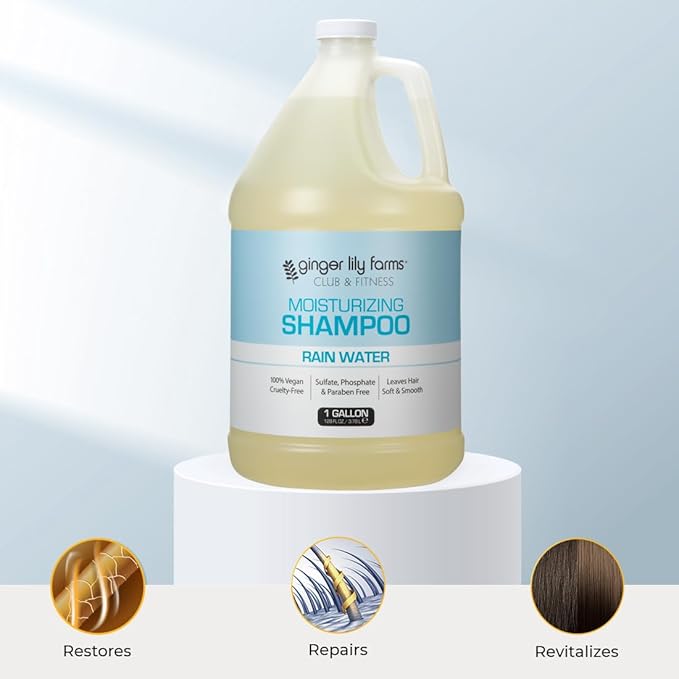 Ginger Lily Farms Club & Fitness Moisturizing Shampoo for All Hair Types, 100% Vegan & Cruelty-Free, Rain Water Scent, 1 Gallon (128 fl oz) Refill