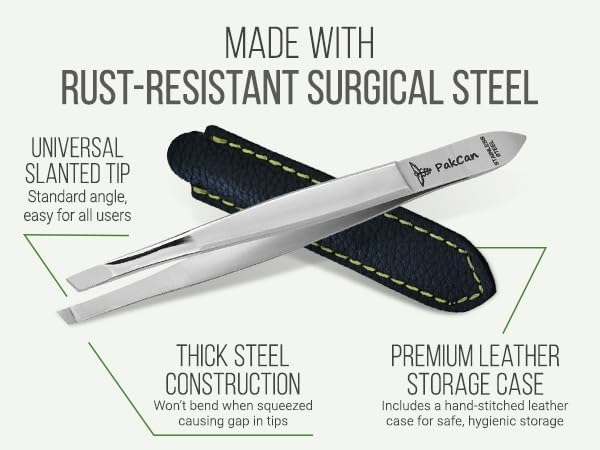 German Premium Slanted Tweezers in Leather Case - German Steel Hair Removal Tool for Eyebrows, Face & Ingrown Hairs – Hand-Finished, Ultra-Grip Tips, Premium Leather Case – Professional Salon Quality
