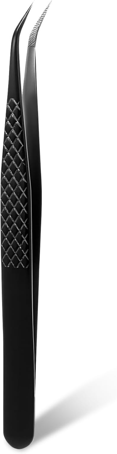Lash Tweezers for Eyelash Extensions, Fiber Tip Lash Isolation Tweezers Curved Degree Grip Tweezer Black Stainless Steel Professional Eyelash Tweezer for Individual Isolation and Classic Lashes
