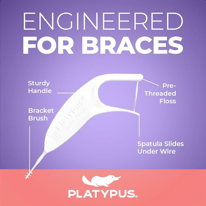 Platypus Orthodontic Flossers for Braces, 30 Count (Pack of 2), Ortho Picks for Adults & Kids, Fits Under Arch Wire, Non-Damaging, Encourage Flossing Habits