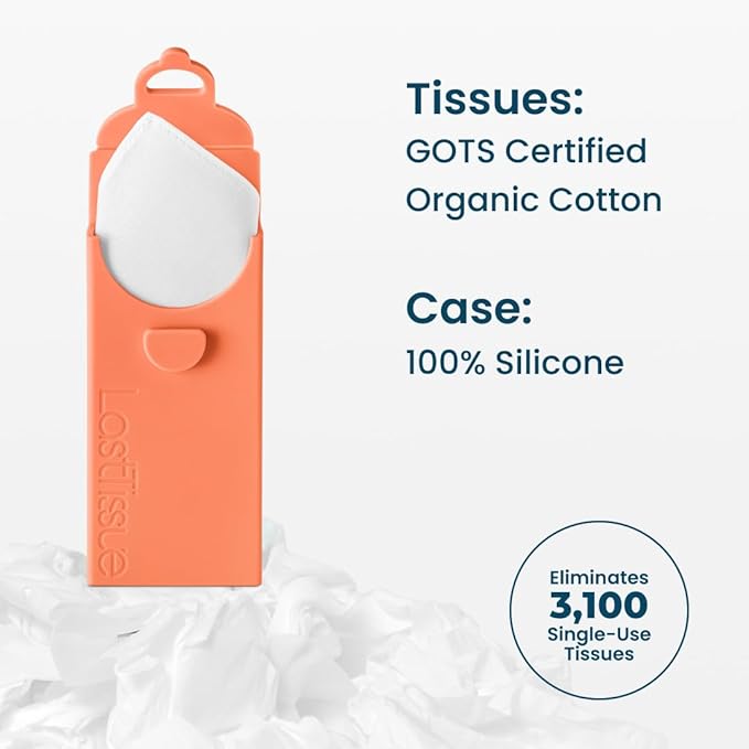 LastTissue® Reusable Cotton Tissue Pack | Face Towels & Handkerchiefs for Men & Women – Washable, Sustainable Facial Tissue with Storage Case - Peach