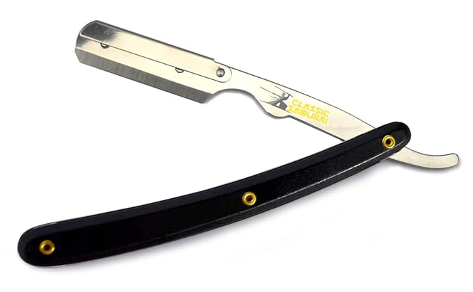 Stainless Steel Professional Barber Folding Straight Edge Razor Shavette Men's Shaving Kit with 200 Count Lord Single Edge Razor Blades (Black)