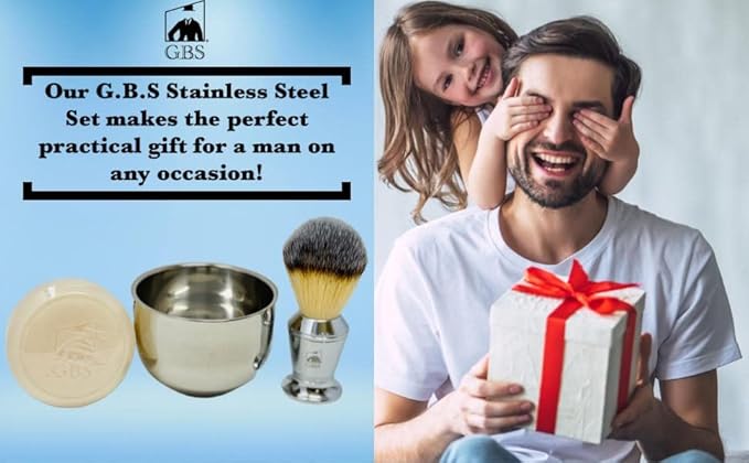 G.B.S Men's Shaving Kit 3 pc Stainless Steel Bowl Shaving Soap and Synthetic Shaving Brush Durable Makes a Gift Holiday