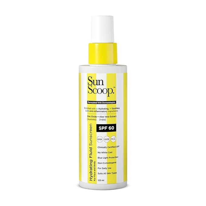 Sun.Scoop Hydrating Face & Body Fluid Sunscreen Spray SPF 60 PA++++ | Water Resistant With Zinc Oxide, Broad Spectrum, No White Cast, Non-Comedogenic Quick Absorbing | For Men & Women-125ml