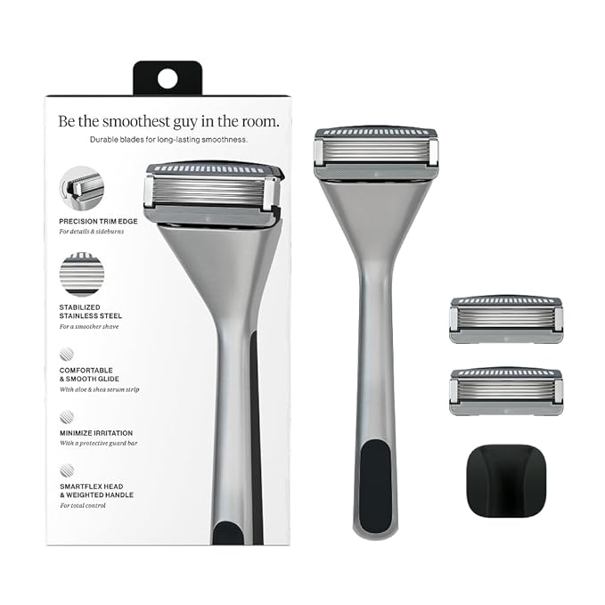 Premium Razor for Men, Handle + 2 Razor Blade Refills + Magnetic Shower Hook, Precision Trim Edge (Stainless)
