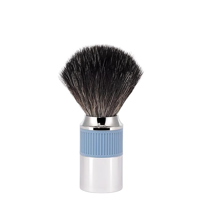 MÜHLE NEO shaving brush | Vegan Shave Brush for Shaving soaps and creams | sustainable eco-friendly and reusable |exfoliating shaving brush | chrome with glacier blue silicone grip handle