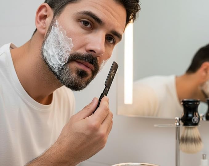 Men's Shaving Gift Set - 6 Pcs Luxury Wet Shave Kit for Him | Black Shavette Straight Razor, Natural Brush, Sensitive Skin Soap, Stand, Bowl & 100 Blades Gift For him