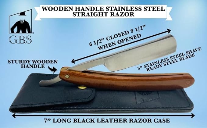 G.B.S Wooden Handle Straight Edge Stainless Steel Barber Shaving Straight Razor, Handmade, Extra Sharp With Leather Razor Travel Case