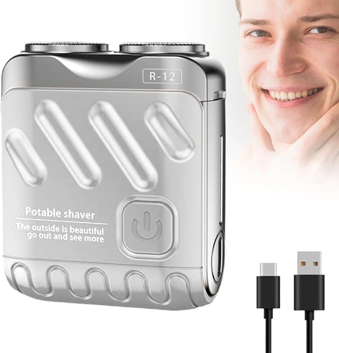Portable Rotary Dual Ring Electric Shaver, Long Lasting Mini Rotary Dual Ring Electric Razor for Men, Compact USB Rechargeable Shaver for HomeTravel (Silver)