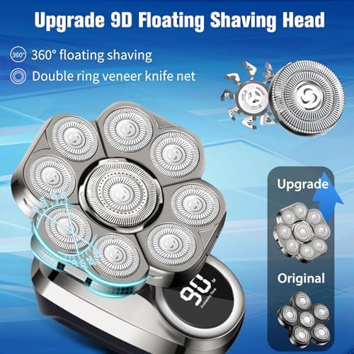 9D Head Shavers for Bald Men, Electric Shaver for Men,6 in 1 Mens Grooming Kit with Nose Hair Trimmer, Beard Trimmer,Waterproof Wet/Dry Rotary Shaver,Gift for Father, Husband, Boyfriend