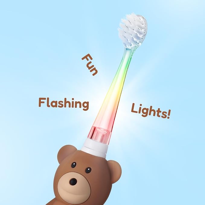 BrushBaby - WildOnes - Kids Rechargeable Electric Toothbrush, Ages 0-10 - Bear Design with Flashing Lights - DeepClean Bristles for Superior Cleaning - 2 Replacement Brush Heads, 1 USB Cable