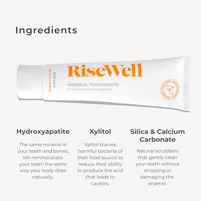 RiseWell Mineral Toothpaste - All Natural Toothpaste with Hydroxyapatite - Made in The USA, No Added Fluoride, Natural SLS-Free Toothpastes - for a Stronger and Healthier Teeth, Wild Mint, 3.4 Oz