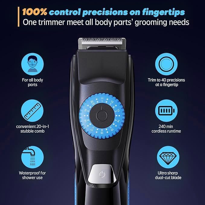 Beard Mustache Trimmer with 3 Attachments, 40 Adjustable Precisions, Waterproof, 240 Min Runtime - Personal Body Hair Trimmer for Men & Women Gift Choice