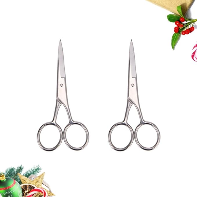 2 Pcs Stainless Steel Mustache Scissors and Beard Shears Precision Trimming Grooming Tool for Men Home and Barbershop Use Silver