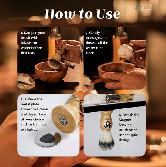 MAGNET Magnetic Shaving Brush for Face and Beard, Wood Handle with a Metal Plate for hanging dry upside down, a Brush Stand Free