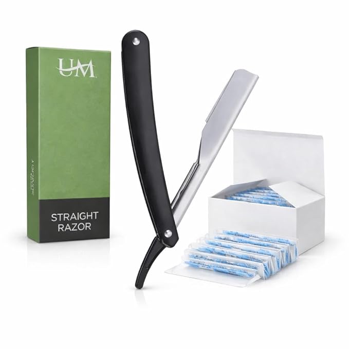 UM Supplies Straight Razors for Men – Professional Barber Straight Edge Razor Kit with 10 Replaceable Insert Single Edge Blades - Navajas Para Barbero (Black Slideout)
