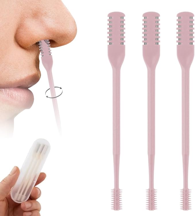 2-in-1 Nasal Hair Cutter, 2025 Professional Nose Hair Trimmer with 360° Rotation & Ear Picker, Dual-Blade Manual Nasal Grooming Tool with Soft Cleaning Brush for Men and Women (Pink, 3 PCS)