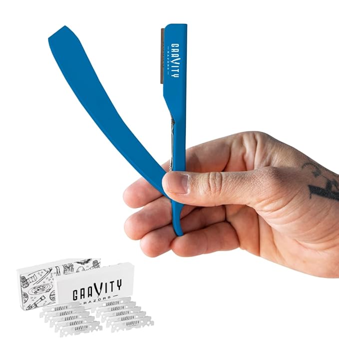 GRAVITY RAZORS Professional Straight Razor Kit – Ultra Exposure, Includes 10 Premium Blades, 2mm Exposed, Blue