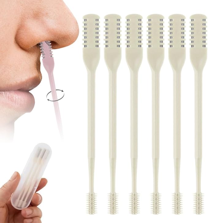 2-in-1 Nasal Hair Cutter, 2025 Professional Nose Hair Trimmer with 360° Rotation & Ear Picker, Dual-Blade Manual Nasal Grooming Tool with Soft Cleaning Brush for Men and Women (Beige, 6 PCS)