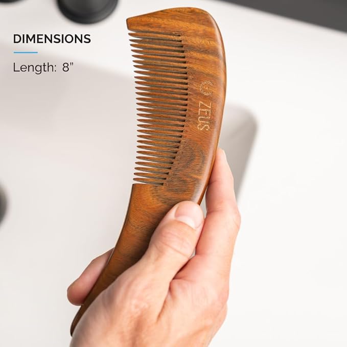 ZEUS Curved Sandalwood Beard Comb in Gift Box, Premium Grooming Essential with Sheath for Men’s Beard & Hair (M31)