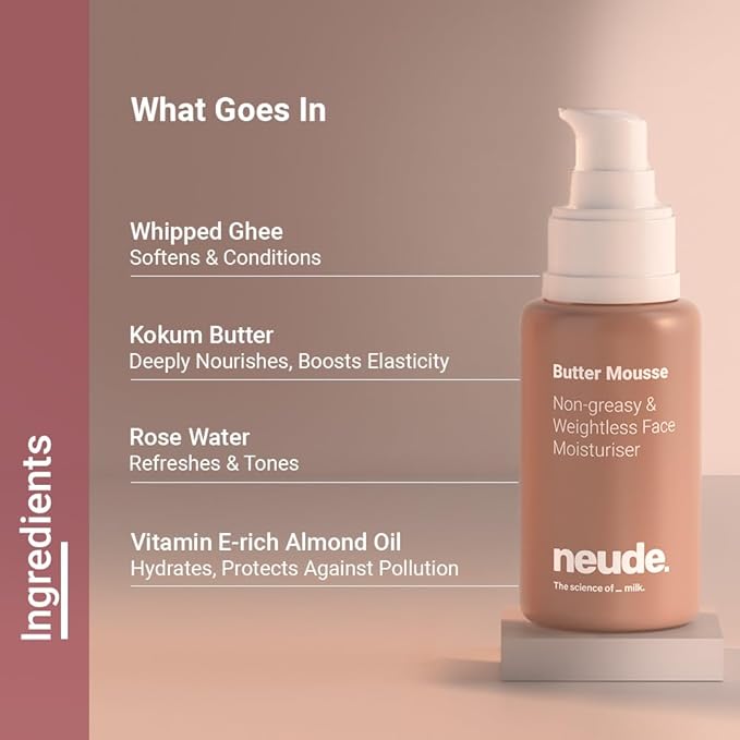 Neude Butter Mousse Face Moisturizer For Men & Women With Ghee & Rose Water, Daily Antioxidant-Rich Lightweight Hydration For All Skin Types, Deeply Hydrates Dry Skin, 50Ml