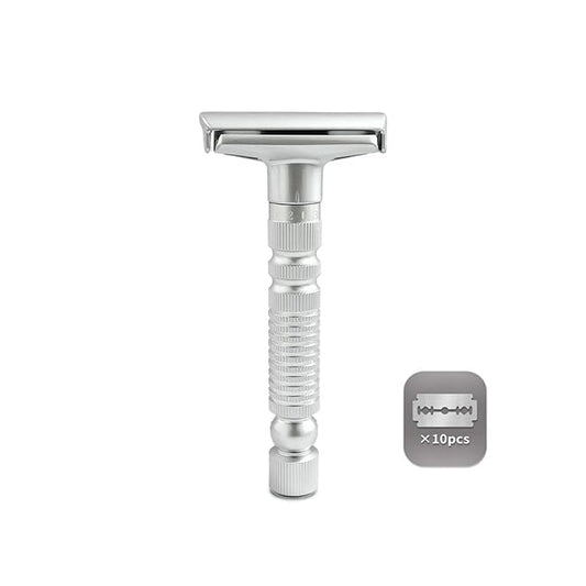6-speed adjustable dual-blade safety razor with 10 platinum-coated stainless steel blades. Includes optional stand. Comes with complimentary travel pouch. (Silver)