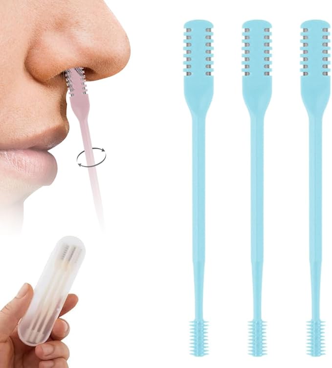 2-in-1 Nasal Hair Cutter, 2025 Professional Nose Hair Trimmer with 360° Rotation & Ear Picker, Dual-Blade Manual Nasal Grooming Tool with Soft Cleaning Brush for Men and Women (Blue, 3 PCS)