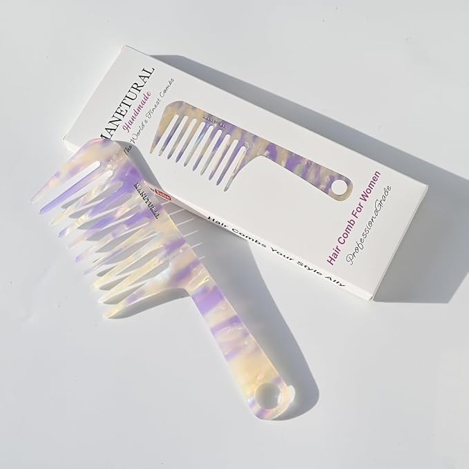 D1 | Wide Tooth Handle comb for Curly Hair| Elevates, Preserves Curl, Eliminates frizz, Acetate comb(White Purple)