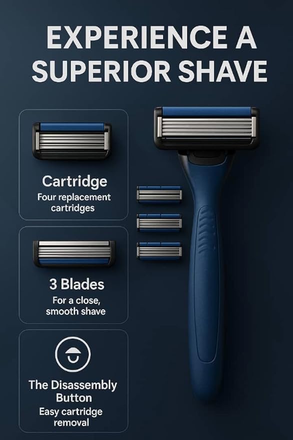 Men’s Razor System – Pivoting Triple-Blade Handle with Aloe Lubricating Strip, Nano-Coated Blades, Anti-Slip Grip + 4 Replacement Cartridges