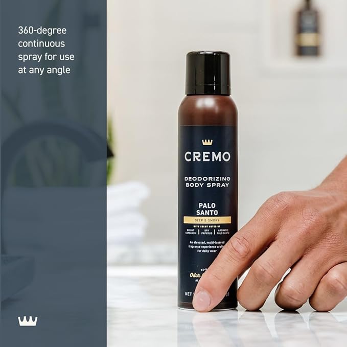Cremo Palo Santo Body Spray, A Distinguishing Blend of Bright Cardamom, Dry Papyrus and Aromatic Palo Santo, 3.5 Fl Oz