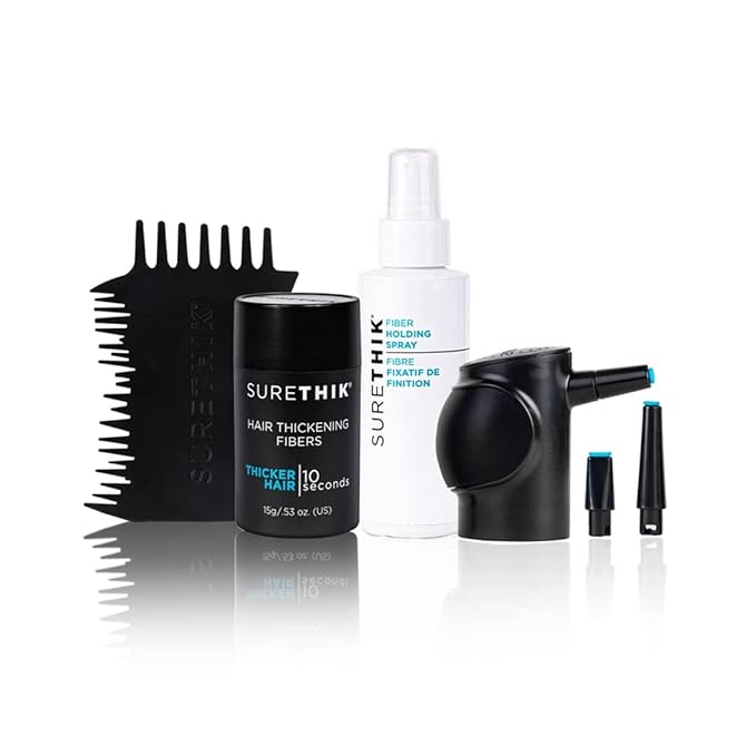 SURETHIK Starter Kit with Application Tools, Comes with 15g Hair Fiber (GREY), Fiber Holding Spray, Pump Applicator and Hairline Tool, 4 Piece Set