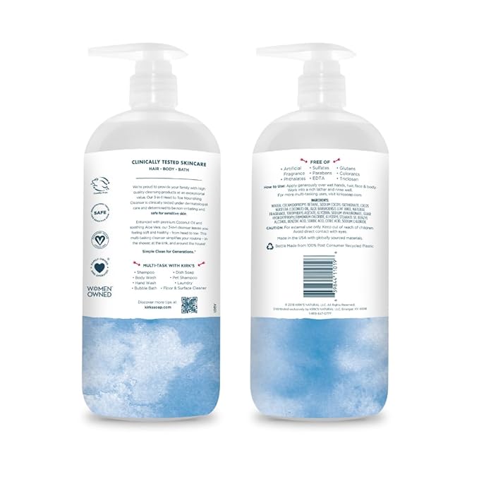 Kirk's 3-in-1 Head to Toe Nourishing Liquid Cleanser & Travel Size Bar Soap - for Men, Women & Children - Premium Coconut Oil and Aloe Vera- Non GMO & Vegan -Original Fresh Scent - 32 Fl Oz. 2 pack
