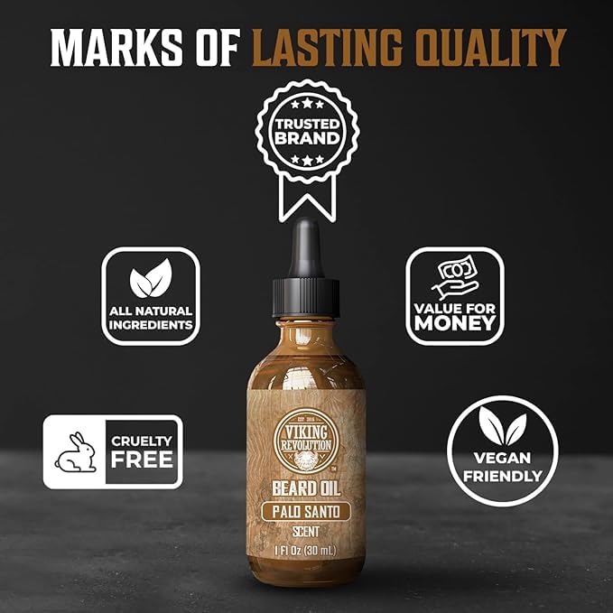 Viking Revolution Palo Santo Beard Oil for Men - Natural Mens Beard Oil with Argan Oil and Jojoba Oil - Beard Softener, Strengthens and Moisturizes - Beard Conditioner for Men (Palo Santo, 1 Pack)