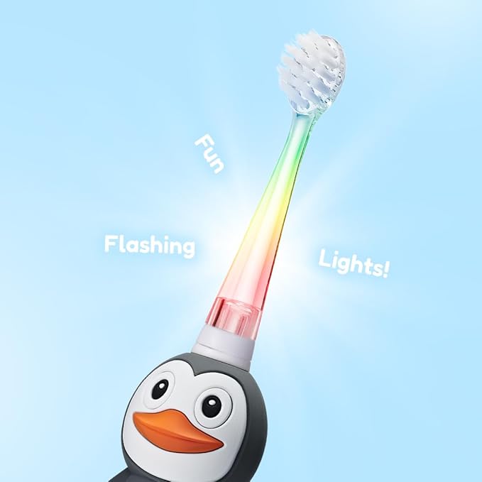 BrushBaby - WildOnes - Kids Rechargeable Electric Toothbrush, Ages 0-10 - Penguin Design with Flashing Lights - DeepClean Bristles for Superior Cleaning - 2 Replacement Brush Heads, 1 USB Cable
