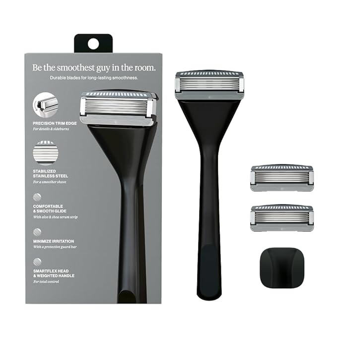 Premium Razor for Men, Handle + 2 Razor Blade Refills + Magnetic Shower Hook, Precision Trim Edge (Matte Black)