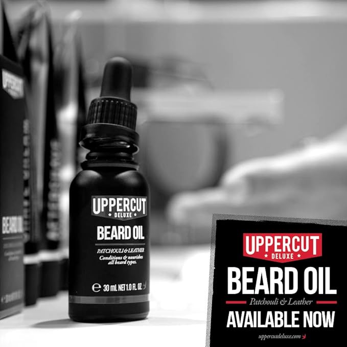 Uppercut Deluxe Beard Oil for Men, Lightweight Non-Greasy Beard Conditioner with Argan, Jojoba, Avocado & Rosemary Oils, Softens & Nourishes Beard, Patchouli Leather Scent, Beard Grooming Oil, 1 fl oz