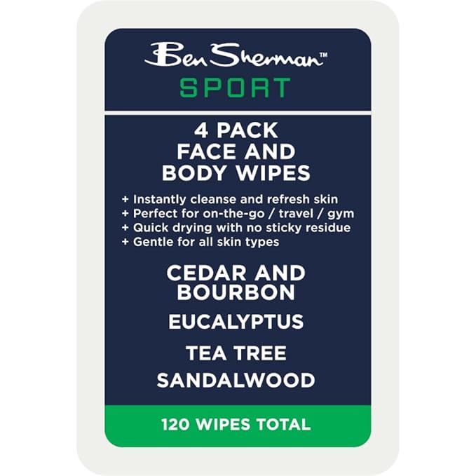 Ben Sherman Men's Face Wipes - 4 Pack (120 Total) Cleansing Wipes for Men with Cedar & Bourban, Eucalyptus, Tea Tree & Sandalwood