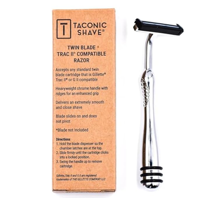Taconic Shave, Heavyweight All Metal Non-Pivoting Twin Blade Cartridge Razor Compatible with GIllette Trac II, Personna, and Taconic Refills - 10 Cartridges Included