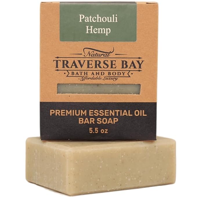 Traverse Bay Bath and Body Natural Cold Process Soap Earthy & Spicy 4-Bar Variety Pack, Citrus Ginger, Frankincense & Myrrh, Patchouli Tangerine, Patchouli Hemp, 5.5 oz Each, 22+ oz Total