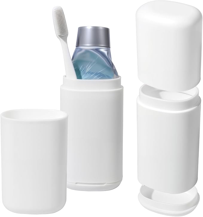 White Travel Toothbrush Case with Cup, Travel Toothbrush Holder Portable Compact Toothpaste Cover Container Toothbrushs Holder with Mouthwash Cup Detachable Bottom Holders for Traveling School Home